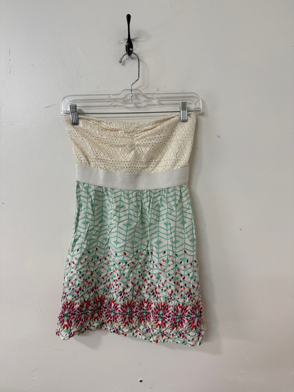 Empyre Cream Strapless Dress with Mint Geometric & Pink Floral Hem Y2K